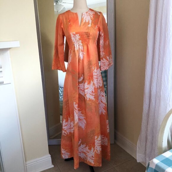 Vintage Andrade Maxi Hostess Dress Small Soft Orange Leaf Print Flare Sleeves - Picture 1 of 9